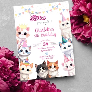 Pastel kitten girls birthday invitation, Printable Digital Invitation, Instant Download Self-Editable Canva Template