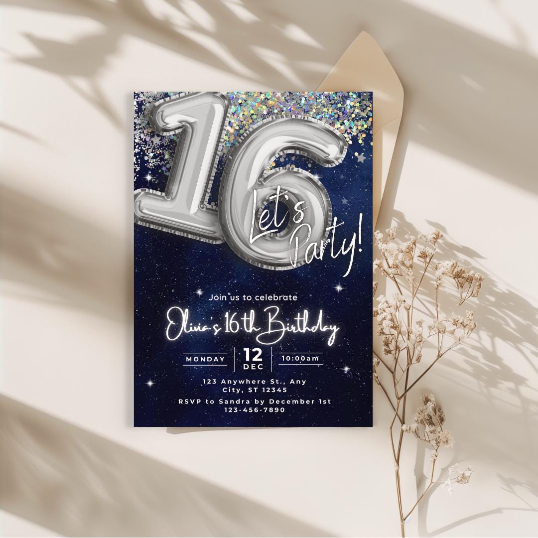 Galaxy Silver Glitter Sixteenth birthday invitation, 16th Balloon birthday Invitation Digital Self-Editable Canva Template