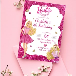 Convite para festa de aniversário de boneca fashion com glitter, modelo digital autoeditável do Canva