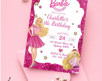 Glitter fashion doll birthday party Invitation, Digital Self-Editable Canva Template