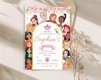 Floral Princess birthday party Invitation, Digital Self-Editable Canva Template