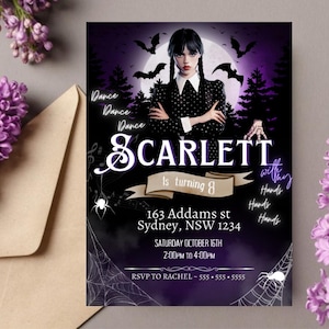 Halloween Wednesday Inspired Invitation, digital Birthday Invitation, Digital Self-Editable Canva Template