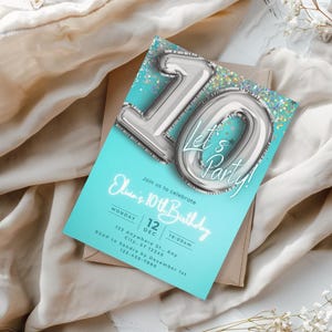 Blue Teal Glitter Silver Tenth birthday invitation, Balloon birthday Invitation Digital Self-Editable Canva Template