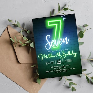 Neon 7th birthday Invitation,Any age Green and Blue Digital Self-Editable Canva Template