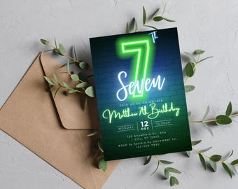 Neon 7th birthday Invitation,Any age Green and Blue Digital Self-Editable Canva Template