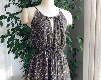 1970s Black Floral Cotton Sun Dress