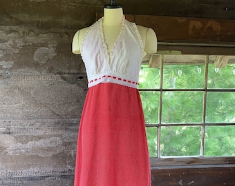 1970’s Red Polka Dot Halter Top Floor Length Maxi Dress