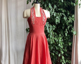 1950’s Miljean of Miami Coral Pleat Halter Top Party Dress