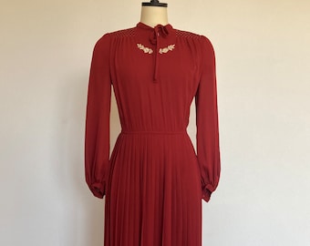 1970’s Embroidered Red Pleated Dress