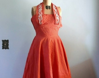 1950s Dress // Coral Halter with soutache and rhinestones.
