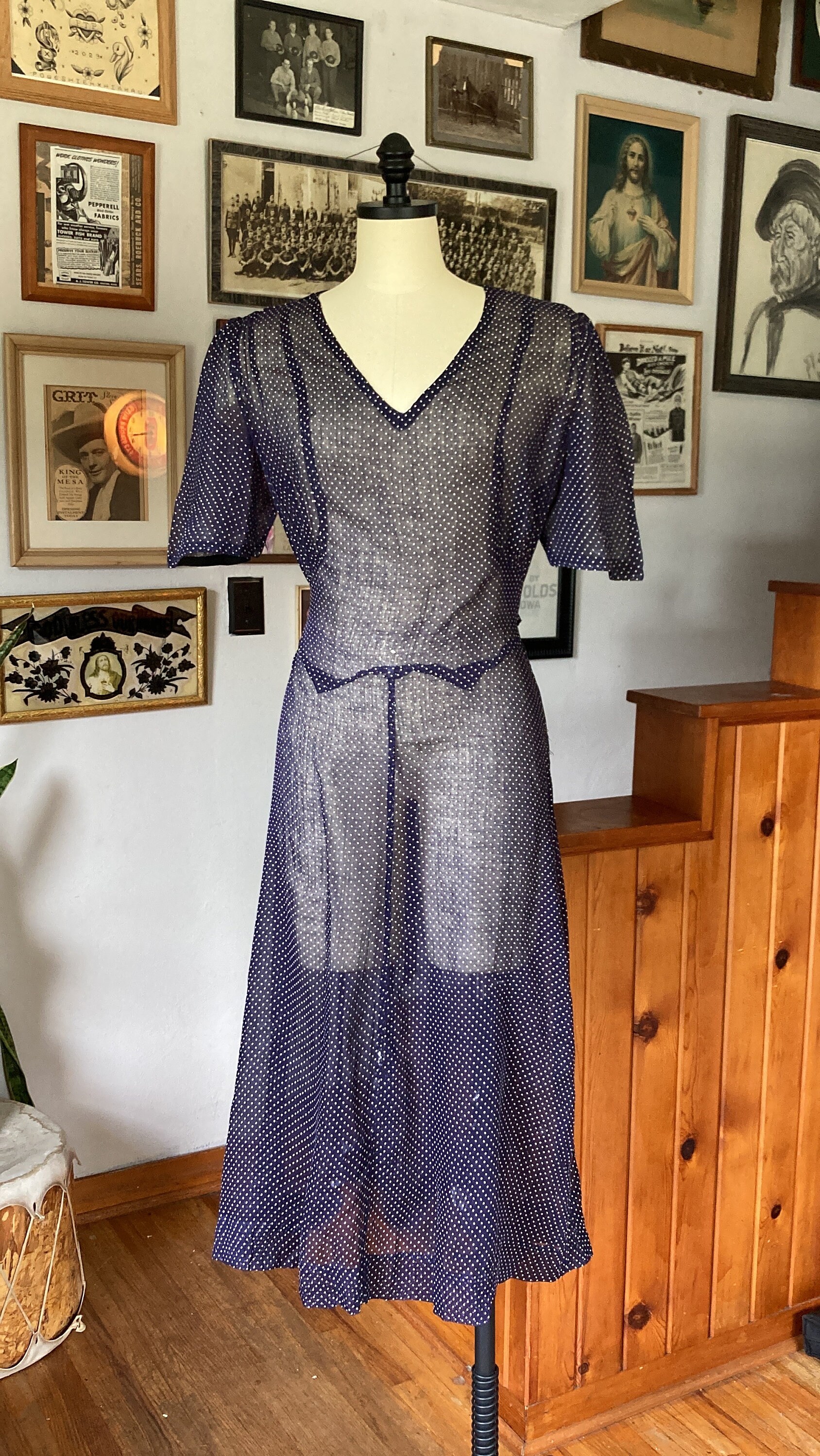 XS 1930s Hand Knit Dress Bohemian Sheer Cotton Short Sleeves