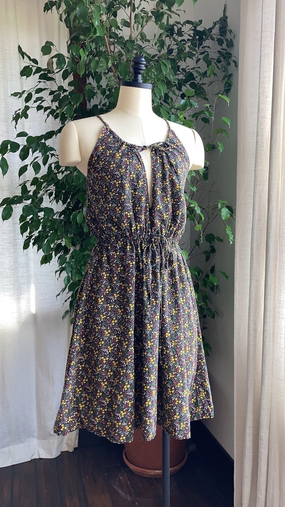 1970s Black Floral Cotton Sun Dress