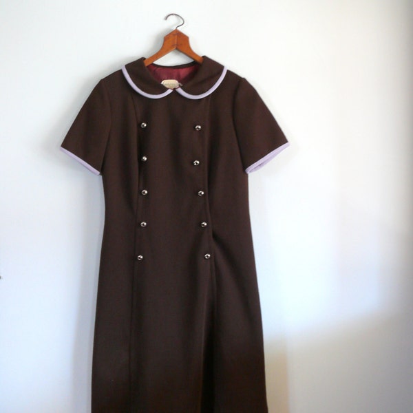 vintage 1960s Dress  // chocolate brown. peter pan collar. wool. dress.