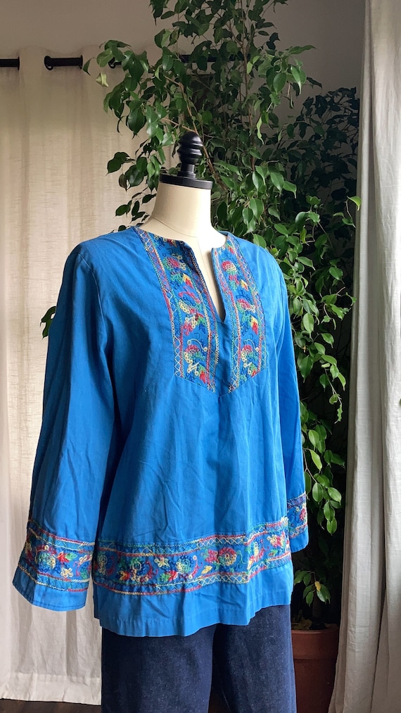 1970’s Blue Cotton Embroidered Boho Tunic