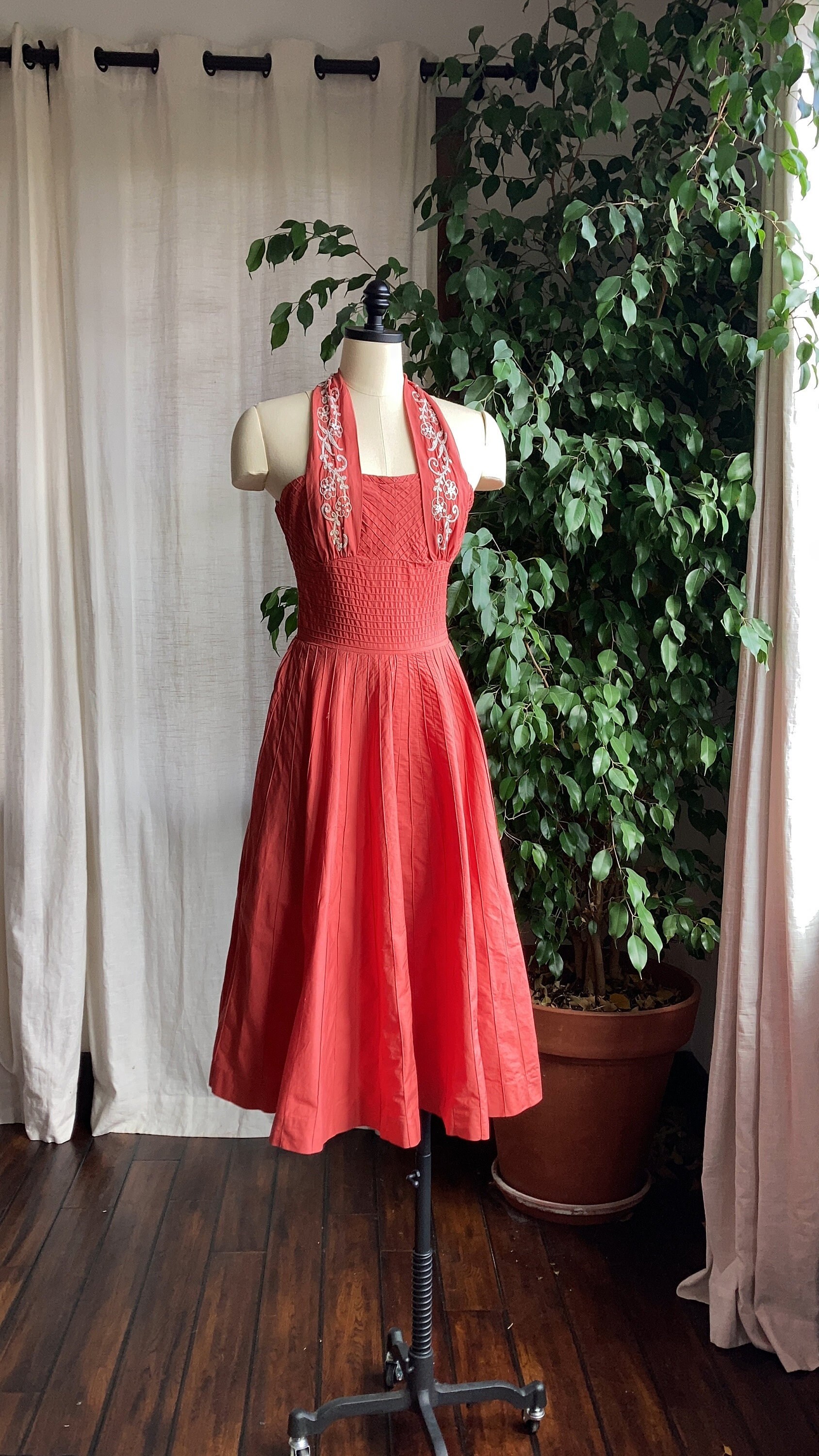 1950's Miljean of Miami Coral Pleat Halter Top Party Dress - Etsy 1950's Miljean of Miami Coral Pleat Halter Top Party Dress - Etsy