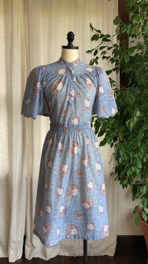1970’s Blue Floral Sheer Butterfly Sleeve Dress
