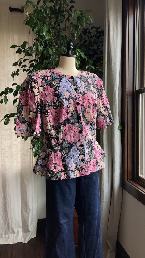1980’s Via Sant Andrea  black floral peplum blouse