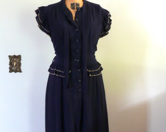 vintage 1940s Dress  // Rayon Navy Ruffle Dress