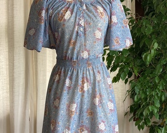 1970’s Blue Floral Sheer Butterfly Sleeve Dress