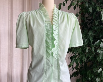 1970’s Lime Green Puff Sleeved Ruffled   Blouse