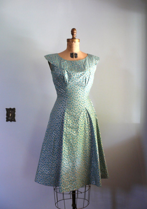 vintage 1950s Dress  // Teal Roses Dress