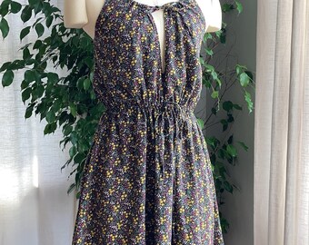 1970s Black Floral Cotton Sun Dress