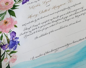 Custom Marriage Certificate featuring Hand Calligraphy, Watercolor Peony Ranunculus and  Iris Flowers, quaker marriage