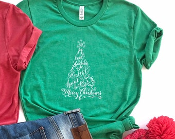 Green Christmas Tree Shirt, Calligraphy Christmas Tree T-Shirt, Festive Holiday Shirt, Short Sleeved Christmas Shirt, Calligraphy Words Tree