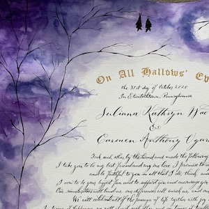 Benutzerdefinierte Halloween-Heiratsurkunde, Kalligraphie und Aquarell Quäker-Heiratsurkunde, Vollmond Kürbisse Spinnennetze Fledermäuse DEPOSIT