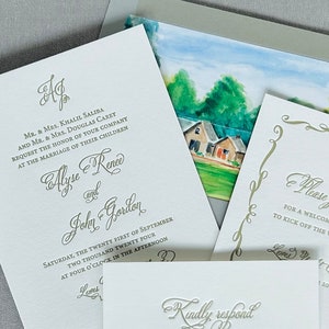 Moss Green Letterpress Wedding Invitation Suite, Hand Drawn Border, Custom Watercolor Envelope Liner