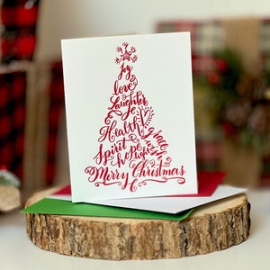 Christmas Cards Featuring Calligraphy Christmas Tree in Red Letterpress image 1