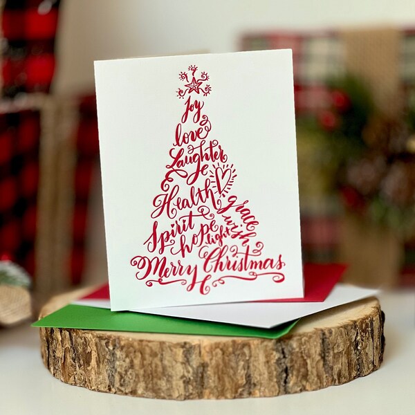 Christmas Cards Featuring Calligraphy Christmas Tree in Red Letterpress