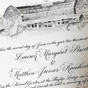 Custom Marriage Certificate featuring Hand Calligraphy, Watercolor Pencil Sketch of venue, quaker marriage