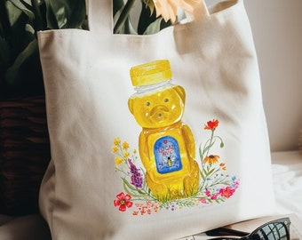 Honey Bear Wildflower Watercolor Canvas Tote Bag, Gift for Bee Lover, Gift for Gardener