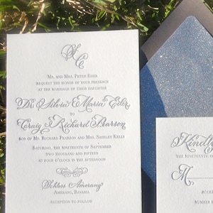Letterpress Wedding Invitations with Hand Calligraphy Monogram and Silver Ink