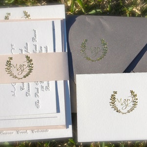 Gold Foil Wedding Invitation featuring Letterpress in Gold and Charcoal with a Laurel Monogram