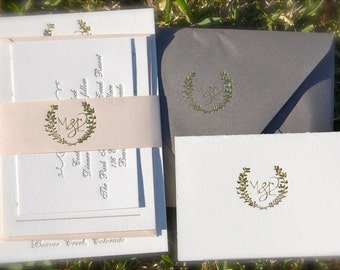 Gold Foil Wedding Invitation featuring Letterpress in Gold and Charcoal with a Laurel Monogram