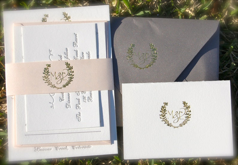 Gold Foil Wedding Invitation featuring Letterpress in Gold and Charcoal with a Laurel Monogram image 1