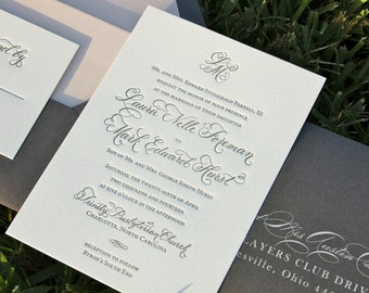Blush and Charcoal Wedding Invitations, Letterpress Wedding Invites, Monogram Invitations, Blush Wedding