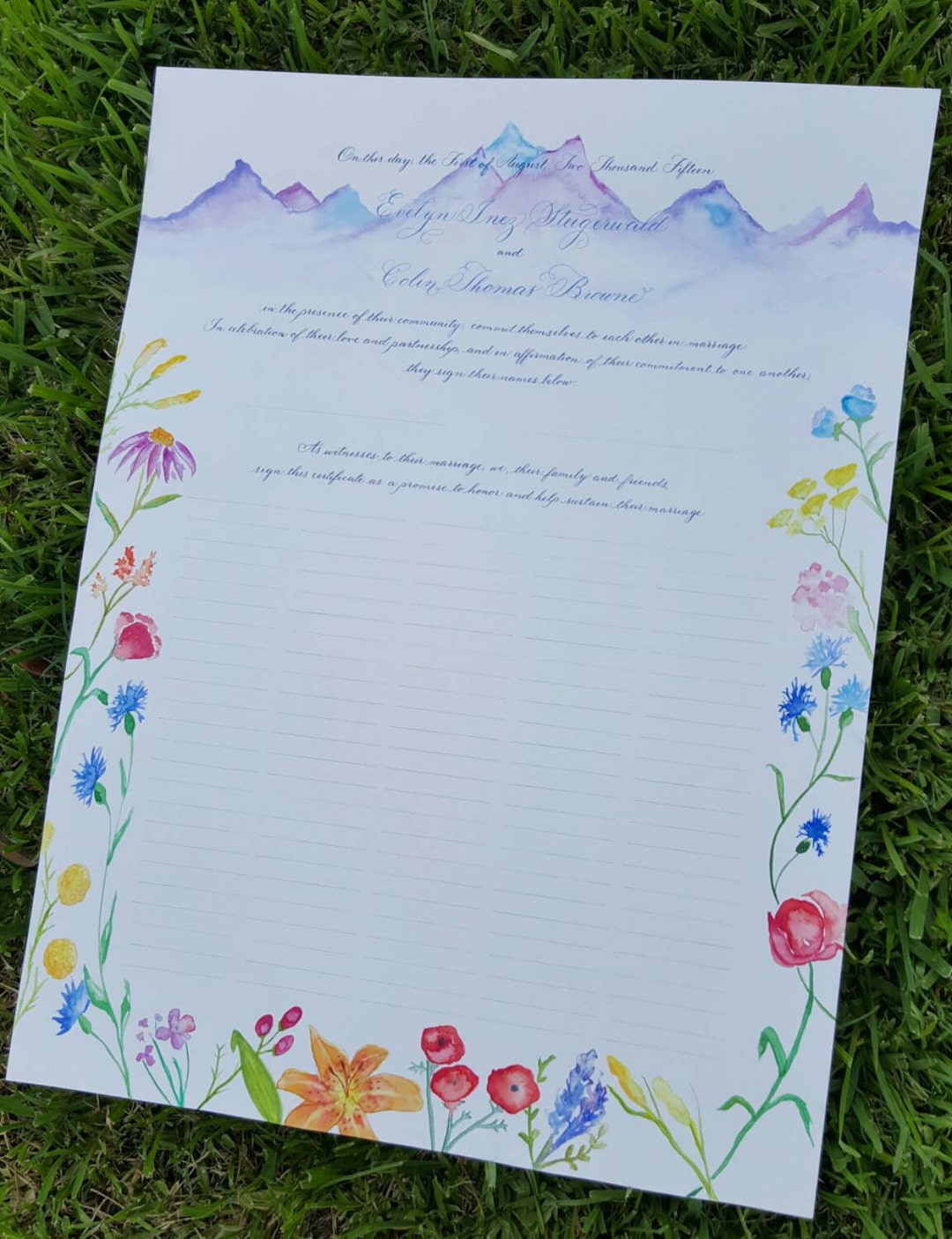 Custom Quaker Marriage Certificate With Calligraphy and Watercolor ...