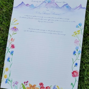 Individuelle Quäker-Heiratsurkunde mit Kalligraphie und Aquarell, Aquarell Berge, Aquarell Wildblumen ANZAHLUNG