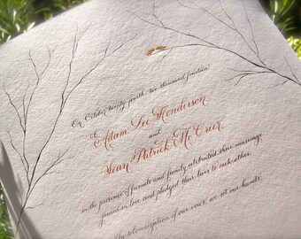 Hand Calligraphy Marriage Certificate: Birds, Branches, Copper, Chocolate, Orange