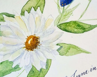 Daisy Marriage Certificate with Watercolor Daisies Limonium and Hand Calligraphy DEPOSIT