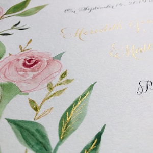 Heiratsurkunde mit Hand Kalligraphie, Blumen Aquarell Rosen, Quaker Hochzeit, Gästebuch DEPOSIT