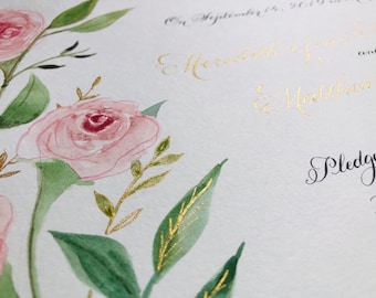 Custom Marriage Certificate featuring Hand Calligraphy, Watercolor Blush Roses, quaker marriage, Guest Book