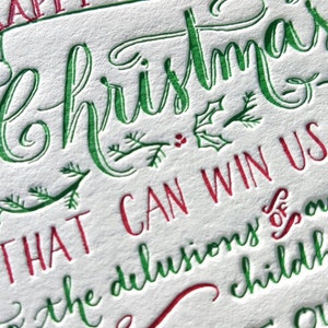 Letterpress Christmas Cards with Hand Drawn Charles Dickens Quote in Red and Green