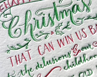 Letterpress Christmas Cards with Hand Drawn Charles Dickens Quote in Red and Green