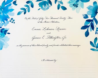 Custom Marriage Certificate featuring Hand Calligraphy, Watercolor Turquoise Aqua Blue Teal Flowers, Quaker Marriage Certificate