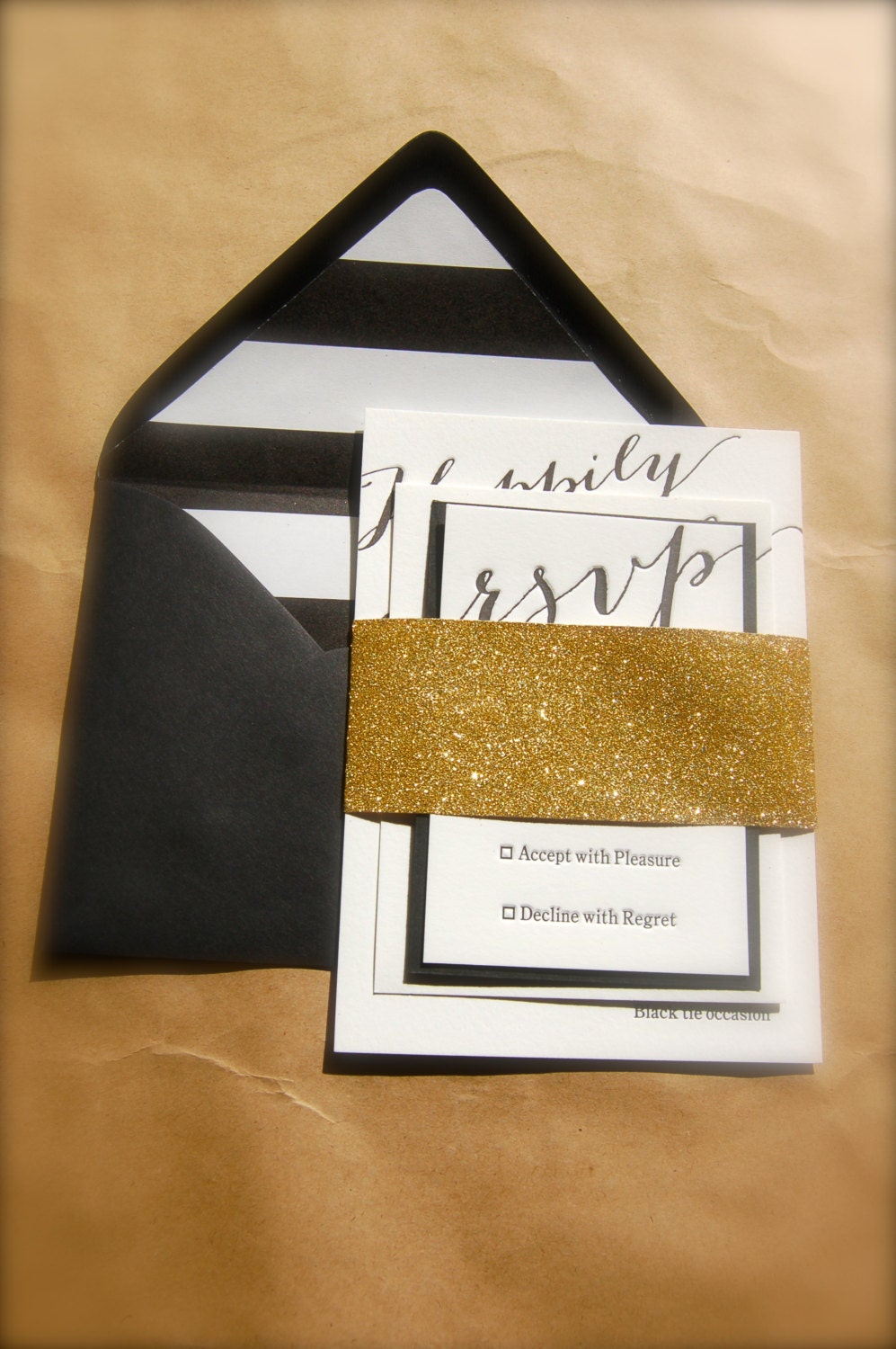 Letterpress Wedding Invitations: Gold Glitter Belly Band, Black & Ivory