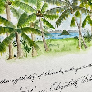 Personalisierte Heiratsurkunde mit Hand Kalligraphie und Aquarell Palmen Hawaii